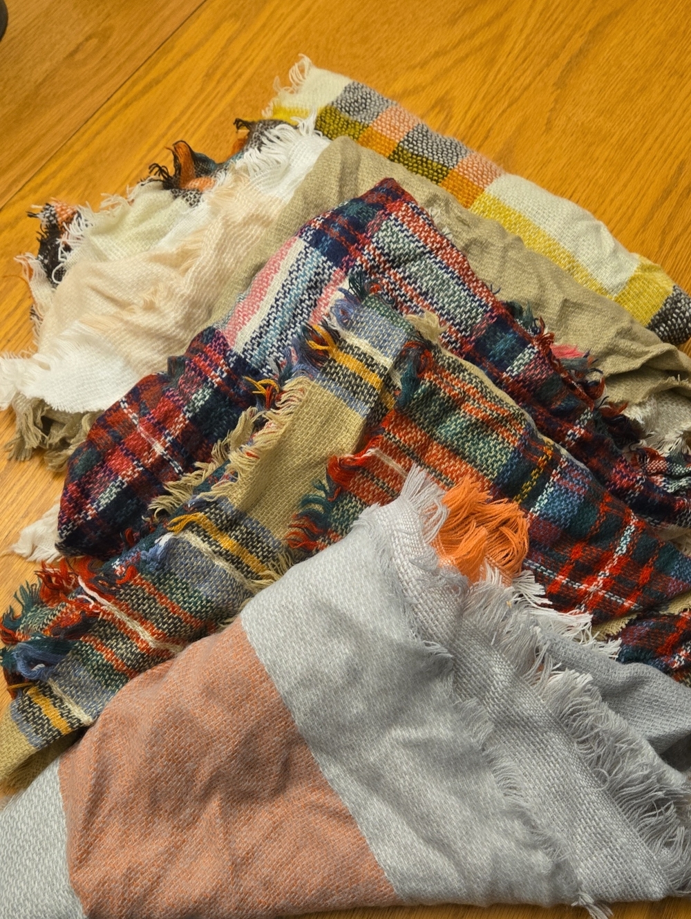 6 Different Cozy Plaid and Solid Fringe Wraps/shawls - Multicolor